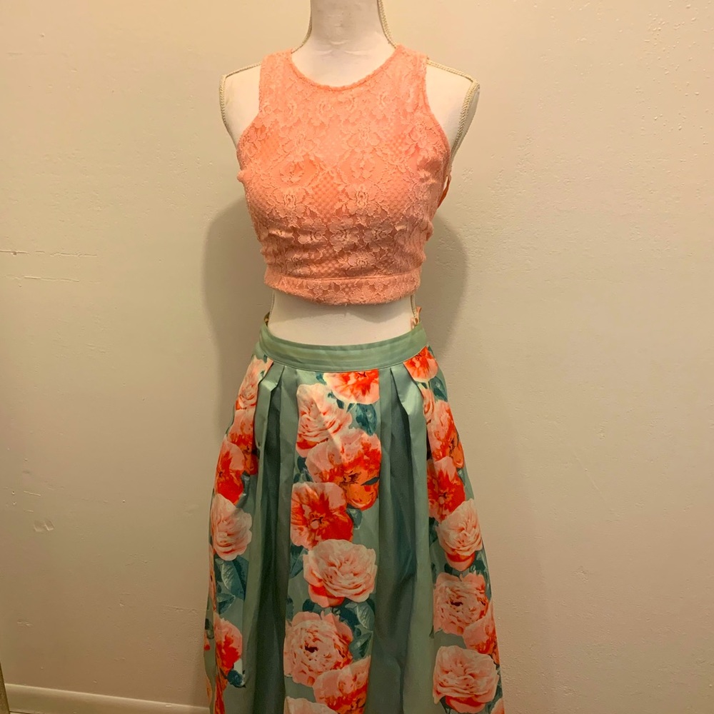 Two piece floral prom dress
